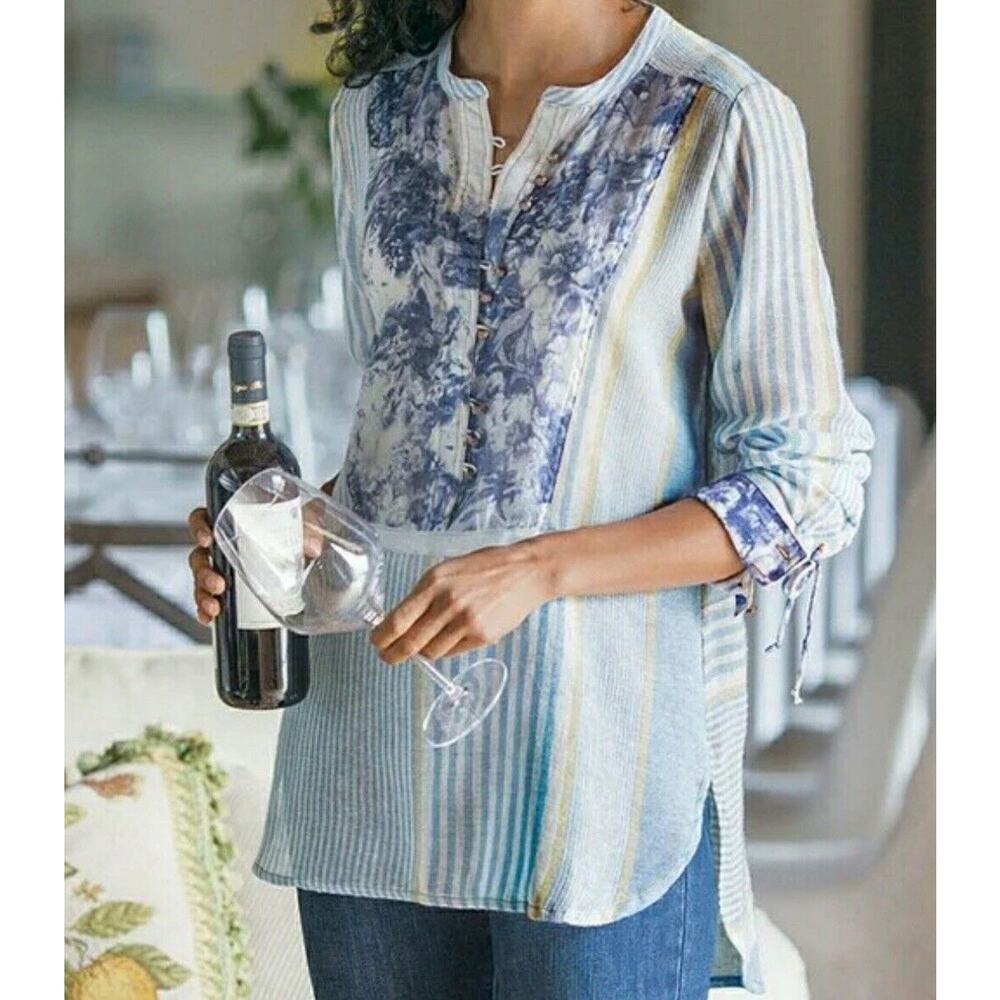 Soft Surroundings Blue Striped Floral Top LS Tunic Henley Linen Blend Tunic
